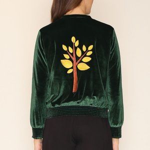 NWT Pepaloves Green Velvet Embroidered Bomber Jacket Size Small